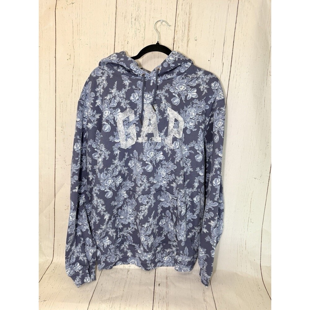 Gap x LoveShackFancy Blue Floral Hoodie Logo Pullover Sweatshirt Size Large EUC